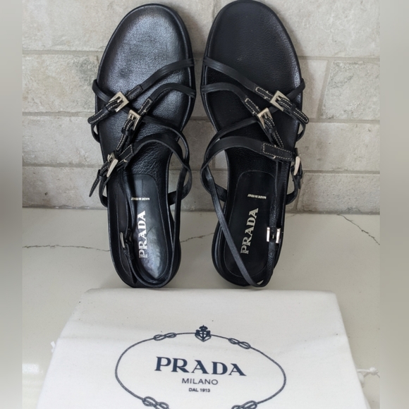 PRADA black nappa leather buckle strappy sandals - Picture 2 of 12